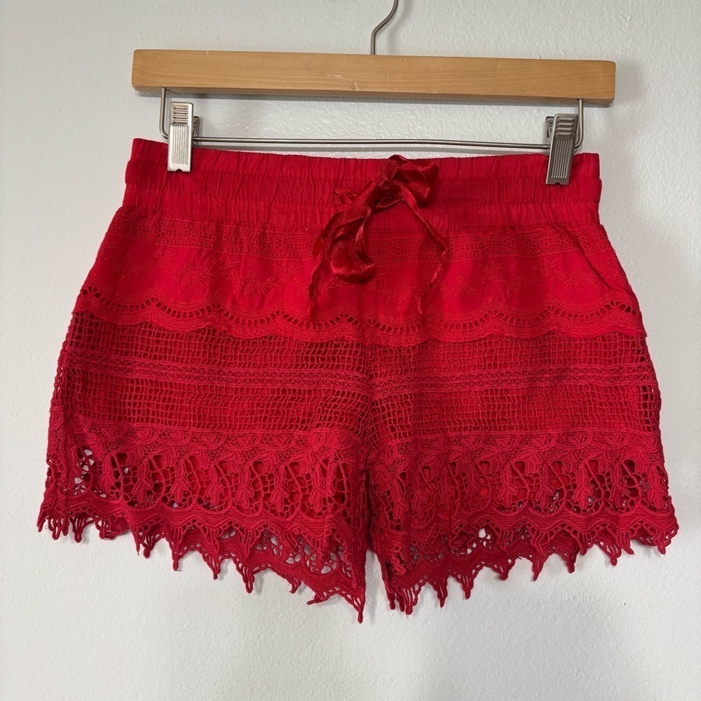 No Boundaries Boho Red Lined Crochet Summer Shorts Size XS